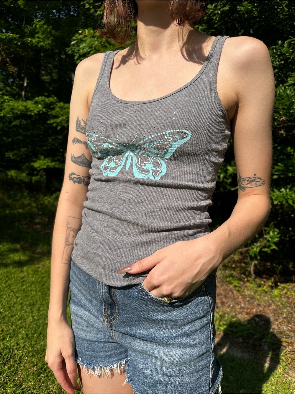 Y2K Aeropostale Gray Ribbed Tank Top with Turquoise Rhinestone Butterfly Graphic